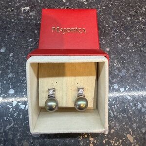 Majorica 10mm Pearl and Zirconia Earrings Grey with Omega Clasp